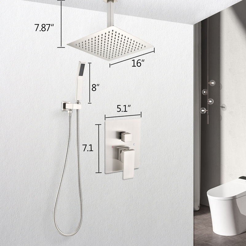 Brushed Nickel Ceiling Shower System - 16" Head And Handheld , Brass, Simulates Natural Rain, Self-Cleaning Nozzle, Conforms To American Standard Pipe Connections Mounted Ensemble With & Nickel,