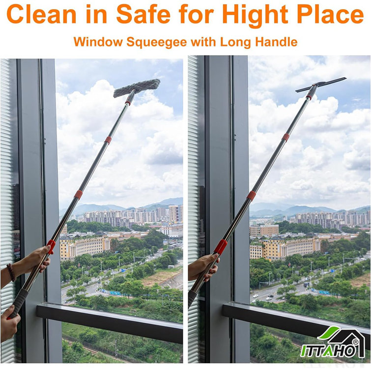 ITTAHO Window Cleaner Tool,12 Squeegee & 11 Microfiber Pad with Pole