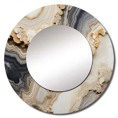 Grey And Orange Minimalism Stone Geode - Stone Geode Mirror, Beige Round Unique Wall Mirror, Printed Metal Art