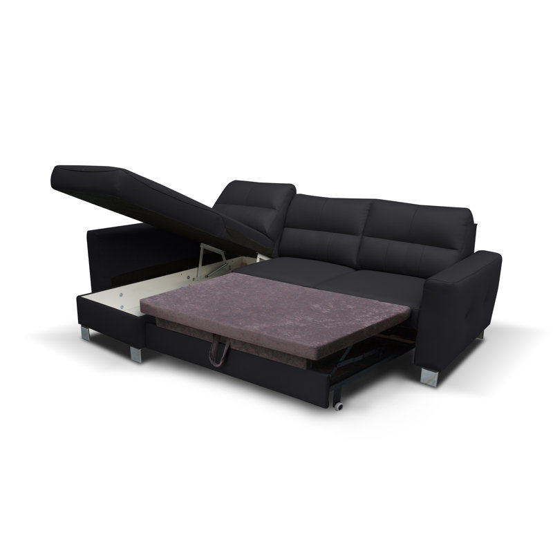 Birdell Leather Corner Sofa with Sleeping Function and Box , Left Hand Facing, Black