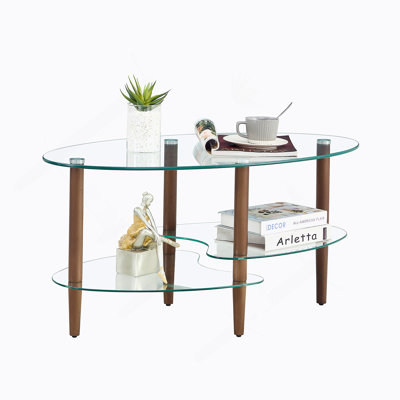 Oval Coffee Table With Glass Table Topand Shelf, Oak Wood Leg
