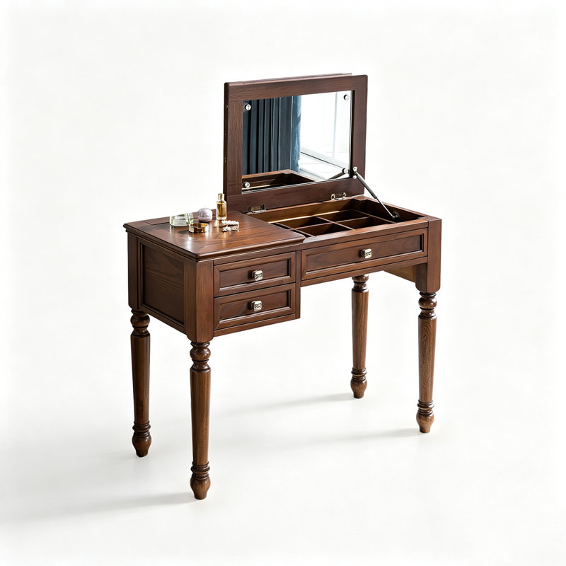 Table de coiffeuse en bois avec miroir rabattable et tiroirs de rangement