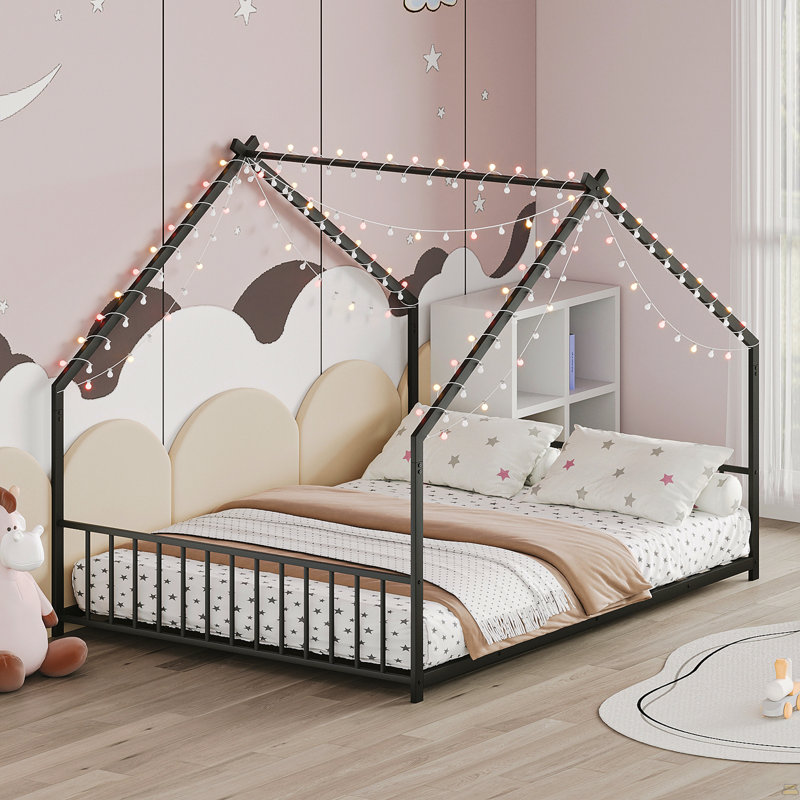 Cadre de lit double pour enfant avec bandes lumineuses à DEL, cadre de lit en forme de toit, Noir, Lit double