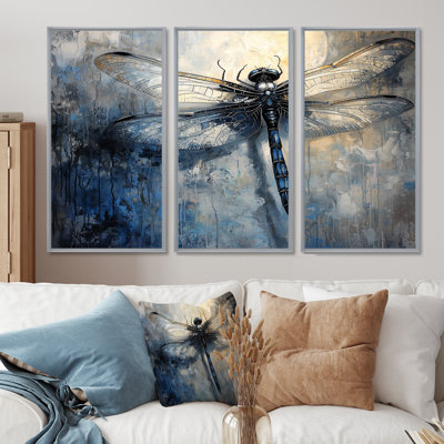 Blue Dragonfly's Moonlit Flight I - Dragonfly Animal Wall Art Print Set