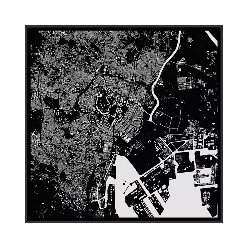 « tokyo », impression carrée sur toile tendue, H 18 po x l 18 po x P 1,5 po, Toile avec cadre noir, Pas de tapis