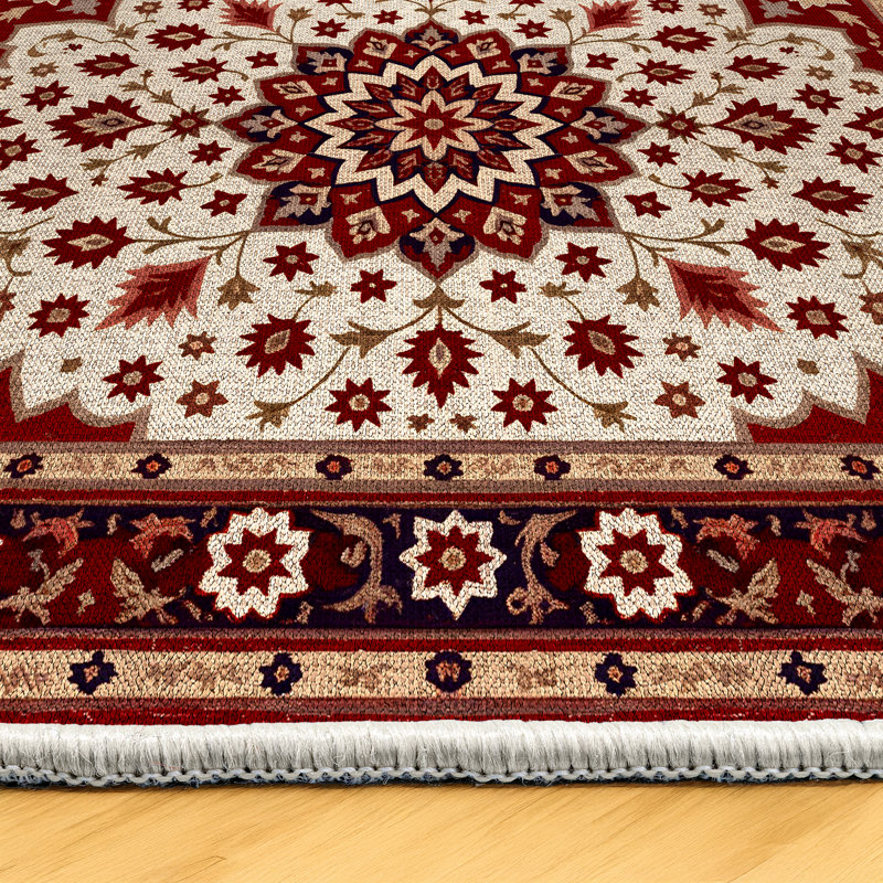 Giget Collection Digital Print Cotton-Polyester Burgundy Floral Rug, Runner 6'7" x 13'2"