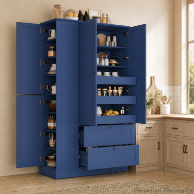 Grand garde-manger de style campagnard de 73,6 po avec plateaux coulissants et armoires latérales