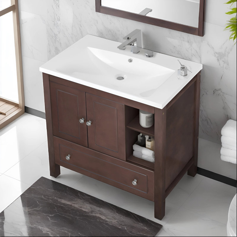 Meuble-lavabo avec lavabo en céramique Hauraa, Brun