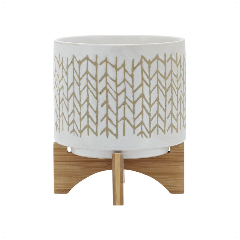 8" CHEVRON PLANTER W/ WOOD STAND, BEIGE