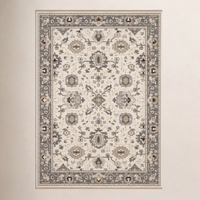 Abena Beige Gray Bordered Oriental Wool Rug