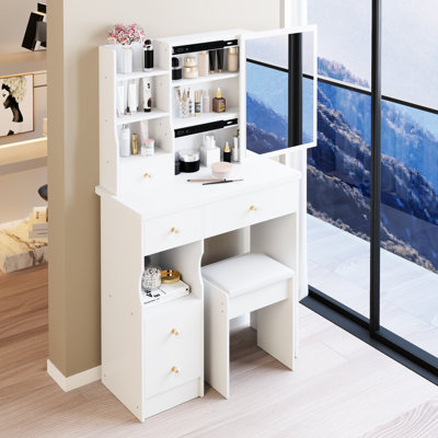 29.2" Small Vanity Table With Multi - Layer Storage, Extra Large Sliding Mirror, Left Drawer, And Cushioned Stool, White For Bedrooms 50.4" Dressing Ideal Spaces