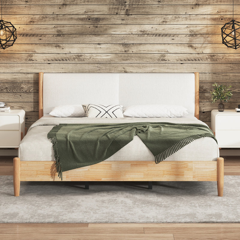 Base de lit en bois naturel avec tête de lit tapissier Cozy, King