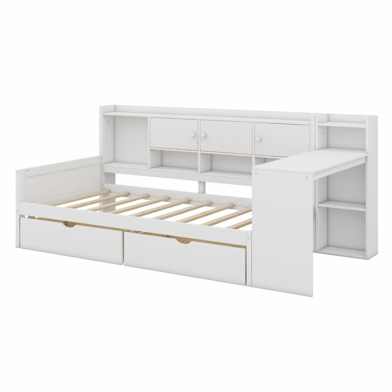 Lit de jour avec 2 tiroirs et armoires tablettes, bibliothèque de rangement, bureau amovible intégré, Complet/Double, Blanc