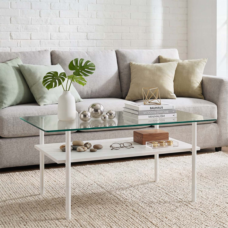 Table basse avec pieds en métal et tablette en bois pour un salon élégant, Transparent+White