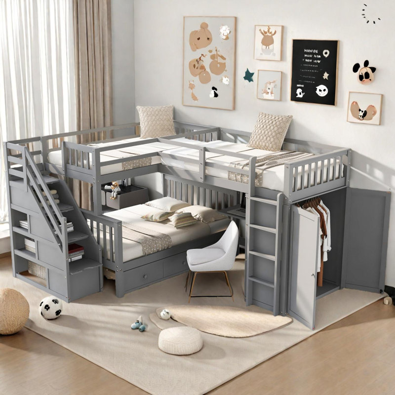 Lit superposé simple au-dessus d'un lit double en L avec rangement et bureau, Gris