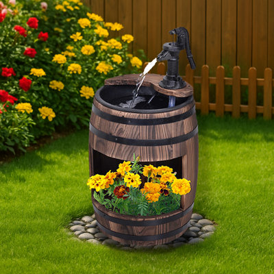 Fontaine d'extérieur avec pot à fleurs - Conception de baril rustique de 23 po de hauteur avec pompe électrique et lit de fleurs pour la cour - Décoration de jardin pour les maisons de famille de banlieue