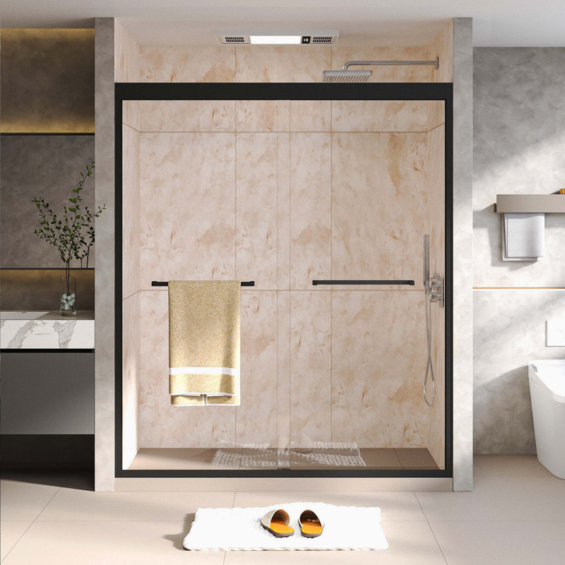 Porte de douche double coulissante semi-sans cadre noir mat, l 56 po à 60 po x H 70 po, verre trempé de 1/4 po (6 mm)
