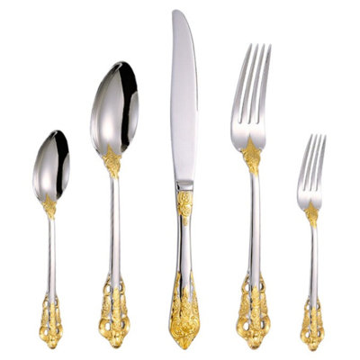 Ensemble de couverts 20 pièces en acier inoxydable embossé royal, fourchette et cuillère élégantes en or