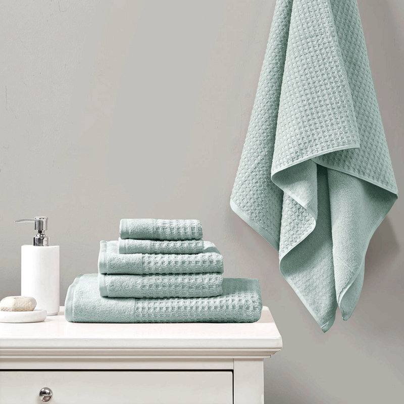 Cotton Waffle Jacquard Antimicrobial Bath Towel 6 Piece Set, Seafoam