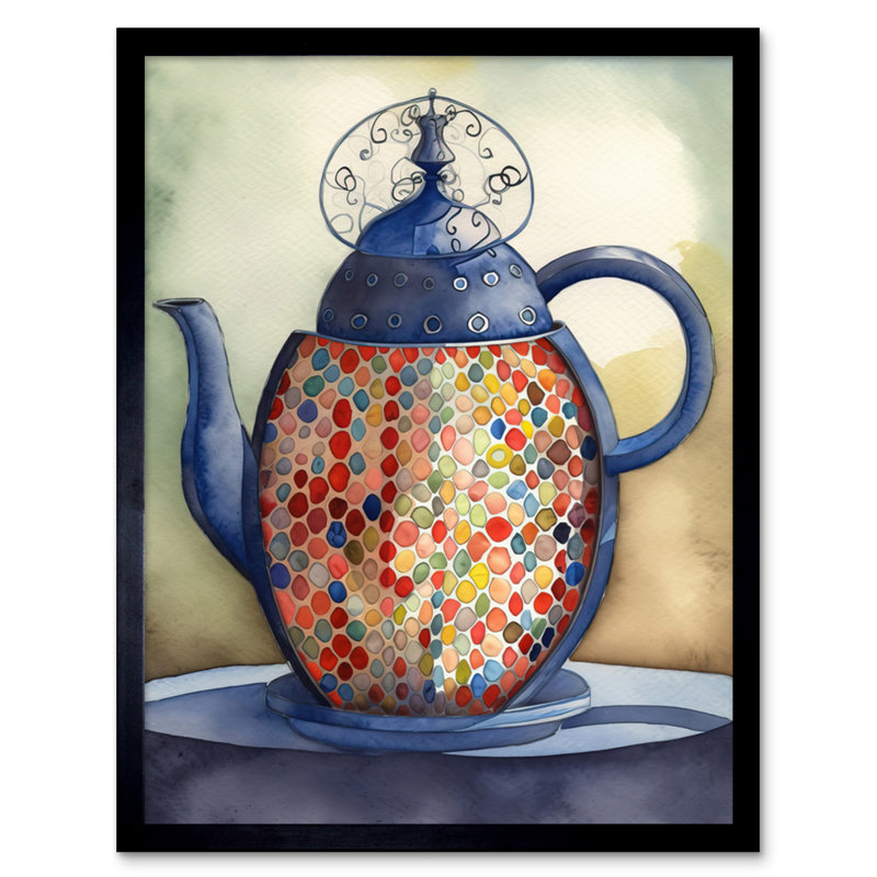 Enamelled Teapot Colourful Tea Kettle Folk Art Watercolour Painting Artwork Framed Wall Art Print 9X7 Inch