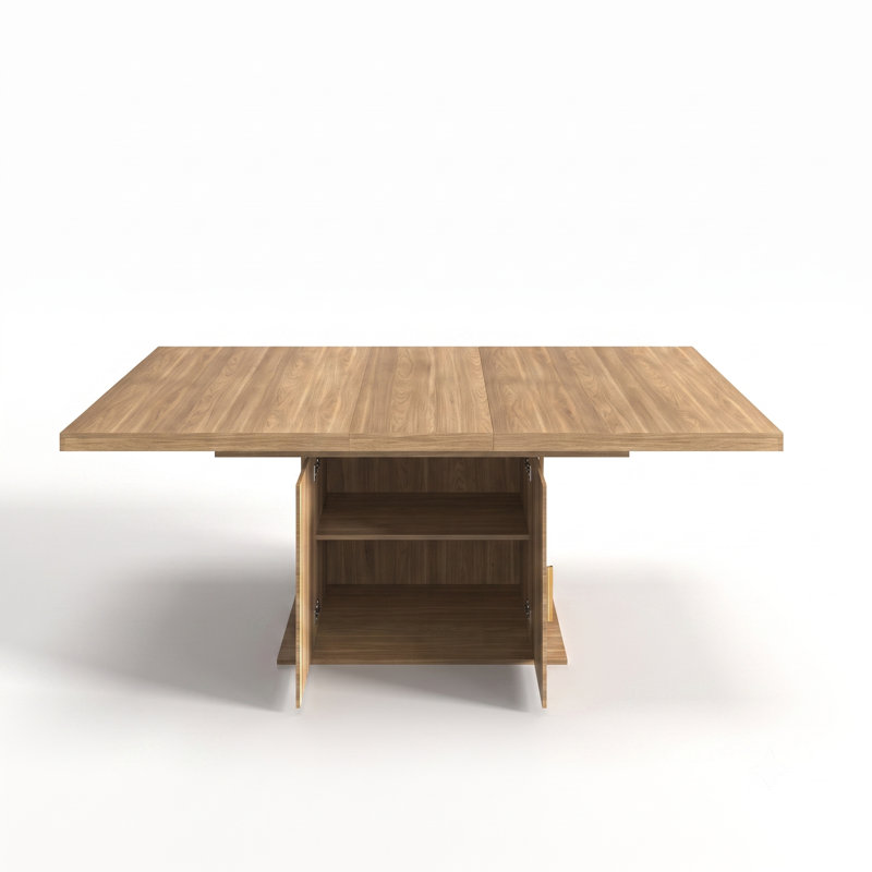 Modern Minimalist Expandable Dining Table with Central Storage Cabinet and Slatted Doors