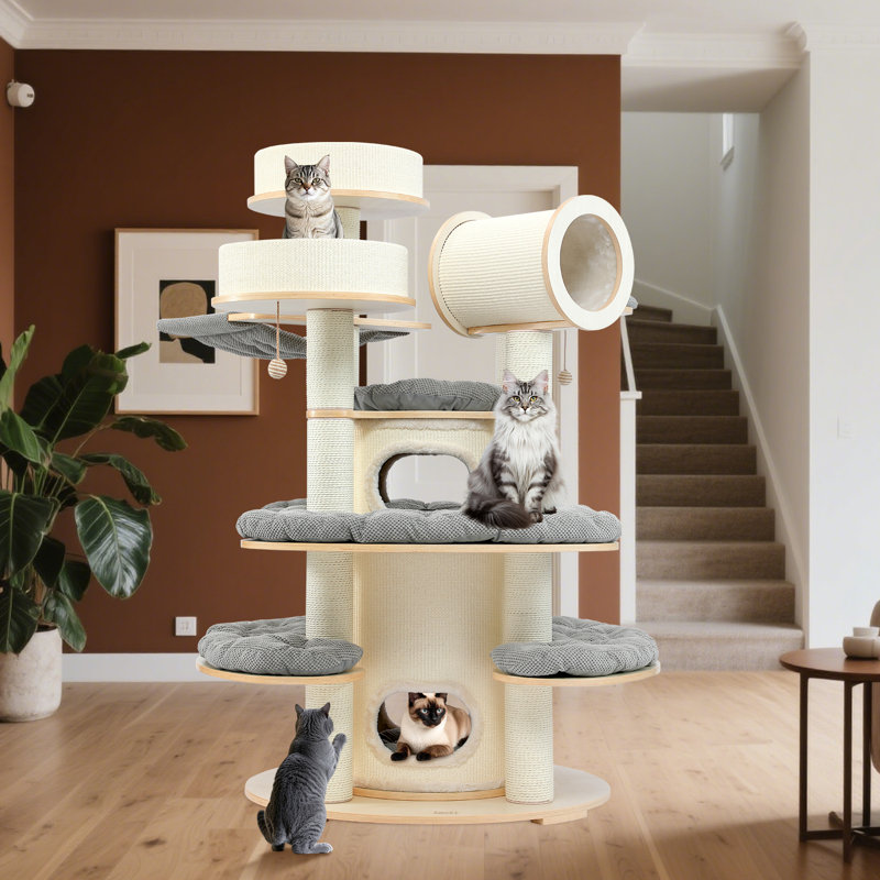 Tour pour chat moderne de 67 po de hauteur, arbre en bois à plusieurs niveaux pour la décoration de la maison, grand condo pour chats pour plusieurs familles de chats