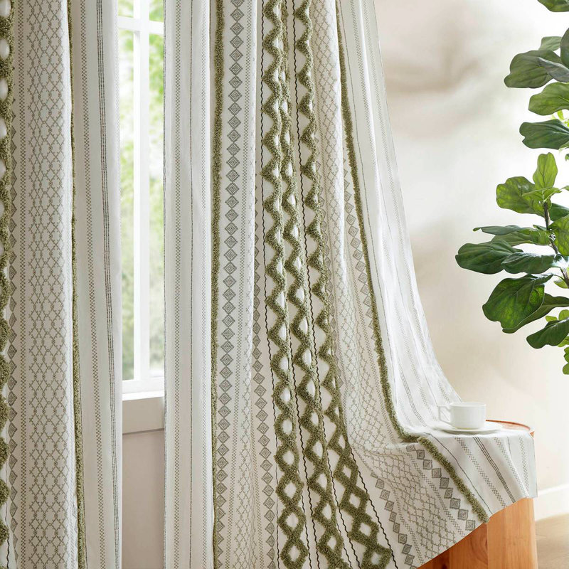 1 PCS 50X95" Cotton Printed Curtain Panel With Chenille Stripe And Lining, 50" W x 95" L, Green
