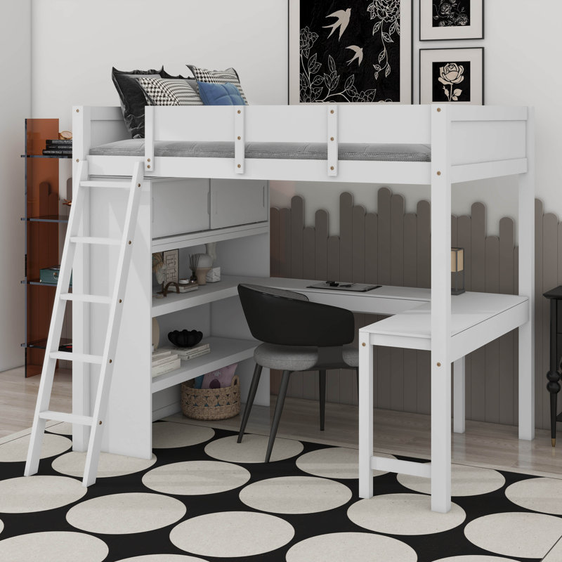 Lit mezzanine double avec bureau, Blanc