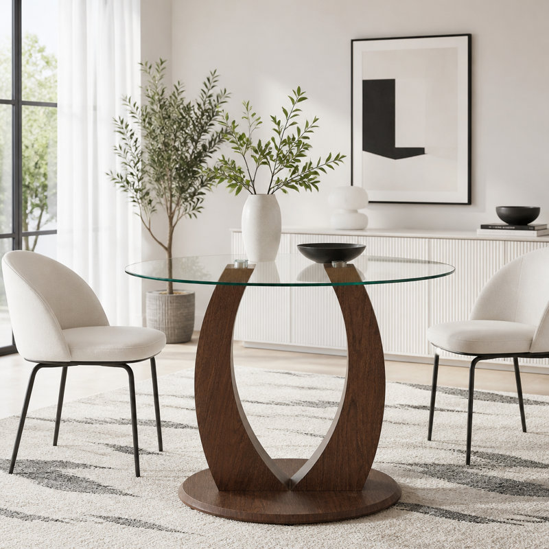 2-in-1 Modern Round Glass Dining Table, 39" Pedestal Kitchen Table with Adjustable Curved Wood Base, 4 Person Space Saving Dining Room Table