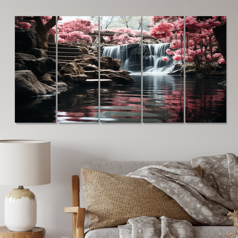 «Peach Tree Waterfall Natures Elegance I», impression d'art mural paysages - 5 panneaux égaux
