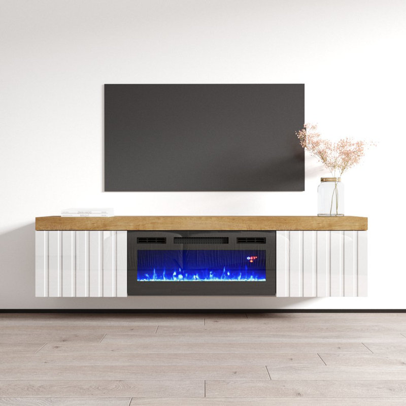 Floating TV Stand for TVs up to 78" with Electric Fireplace Included, Oak/White/Black