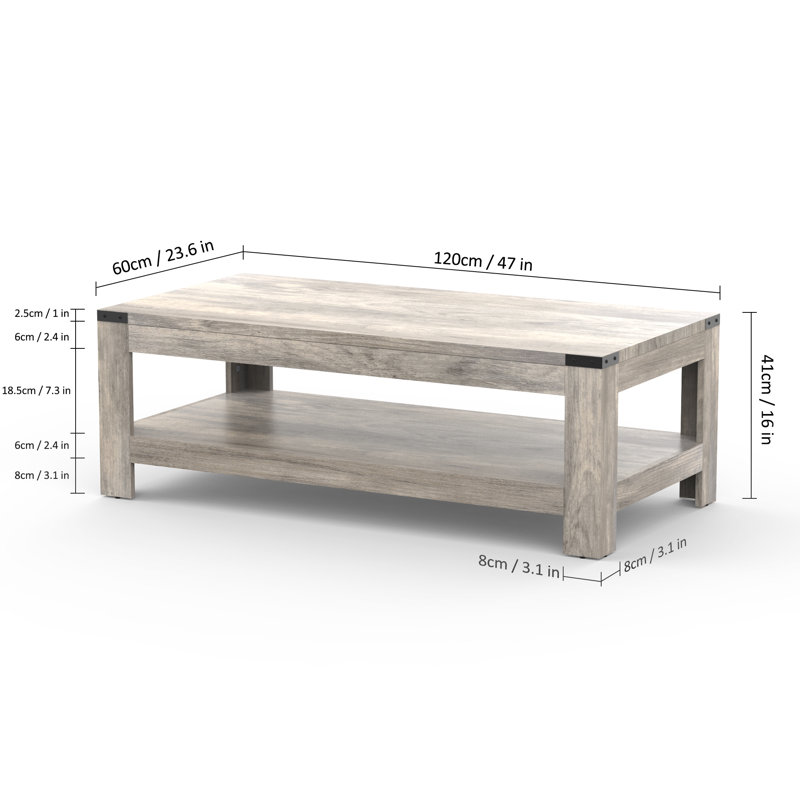 Damika Rectangular Coffee Table with 2-Tier Storage and Rustic Oak, Wash Grey