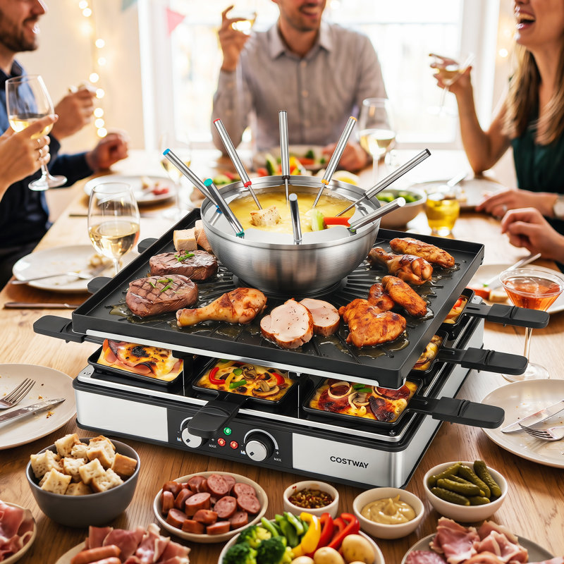 Barbecue électrique avec ensemble de fondue, deux thermostats réglables, 26 accessoires
