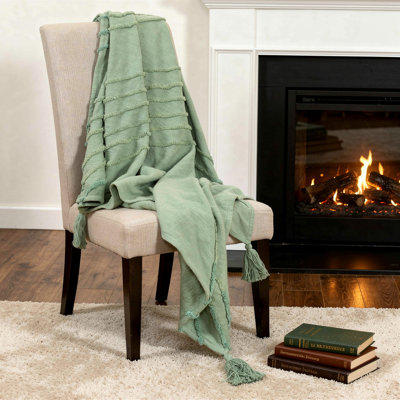 50" X 60" Green Cotton Woven Geometric Throw Blanket with Tassels