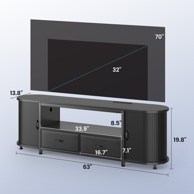 TV Stand with RGB LED Lights and Charging Station, Sliding Door TV Console with Large Storage, Black, 63"