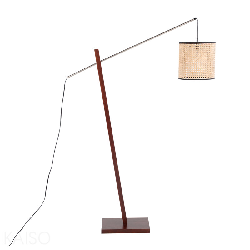 Arturo Contemporary Floor Lamp In Walnut Wood And Satin Nickel With Rattan Shade, Walnut