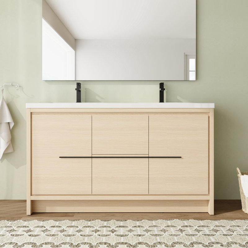 60'' Freestanding Double Bathroom Vanity with Resin Top and Soft-Close Doors & Drawer