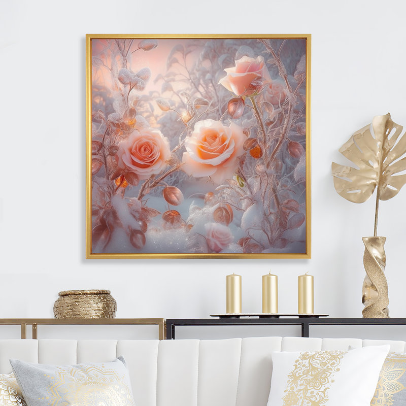 «Peach Enchanted Roses III», reproduction d'art sur toile, H 30 po x l 30 po x P 1 po, Cadre flottant doré