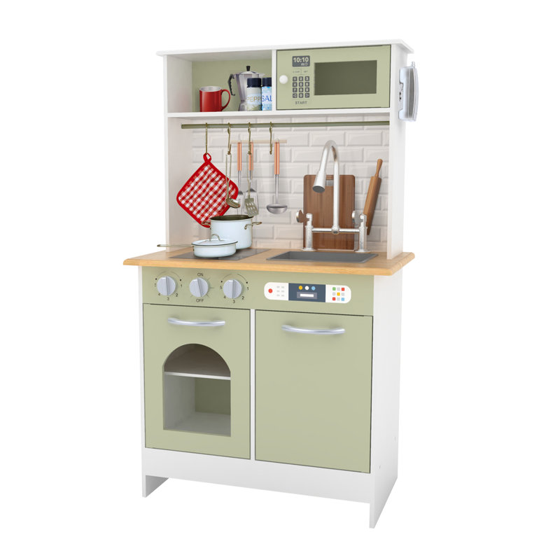  Teamson Kids Little Chef Boston Wooden Pretend Play Kitchen Set with Oven, Microwave and Acessory Set, Light Green