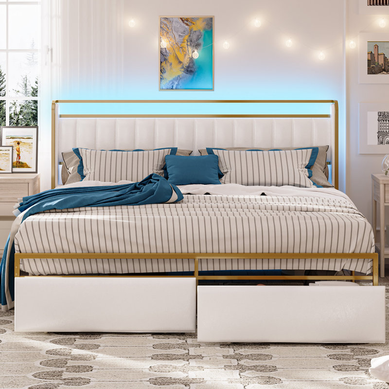 Omartin 45.4'' Bed Frame Twin Size with Armrests Headboard & RGB Light, Upholstered Twin Size Bed Platform with Drawers