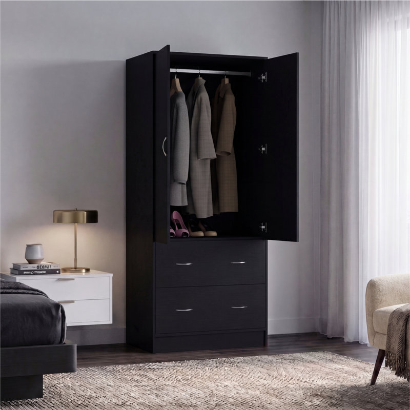 Armoire haute Taly 70 po avec 2 tiroirs et 2 portes avec tringle, rangement minimaliste et spacieux, Noir mat