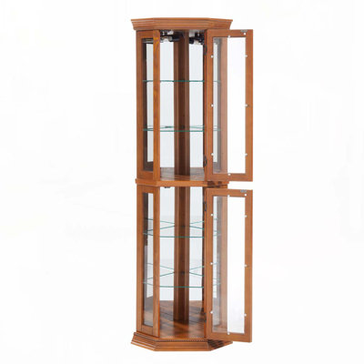 Corner Curio Cabinet Lighted Corner Display, Glass Display Shelf Shelving Bar cabinet with Tempered Glass Door, Bar Cabinet,Cabinet with Adjustable Shelf Glass Cabinet Shelves Bead Bulb Included OAK
