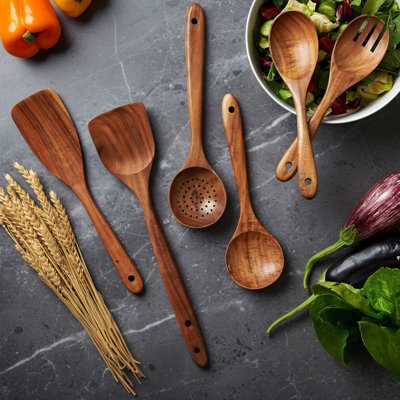 Ensemble de cuillères de cuisine en teck 6 pièces: poignée confortable, batterie de cuisine antiadhésive, cadeau de cuisine pratique pour les hommes et les femmes