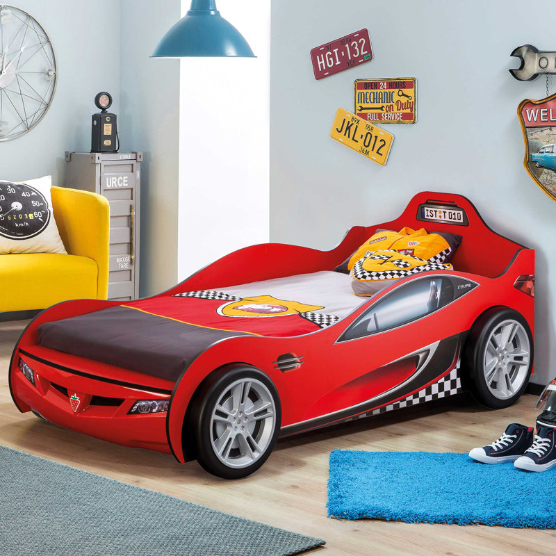 Kurtz Twin-Size Race Car Bed, 3D Bumper & Five-Spoke Wheels, License Plate by Zoomie Kids, Red