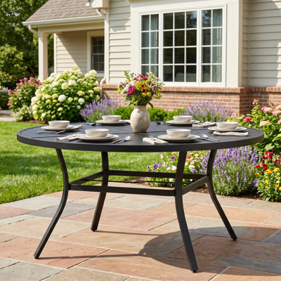 60" Patio Metal Round Dining Table With Slatted Tabletop