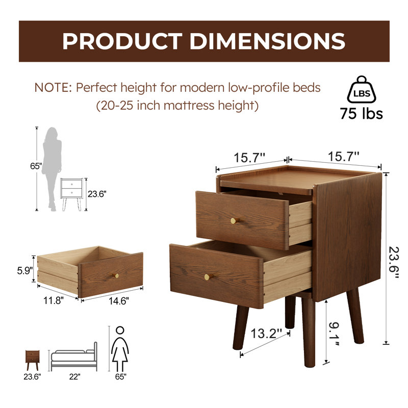Solid Wood Mid‑Century Modern 2‑Drawer Bedroom Nightstand, Brown, 23.62" H
