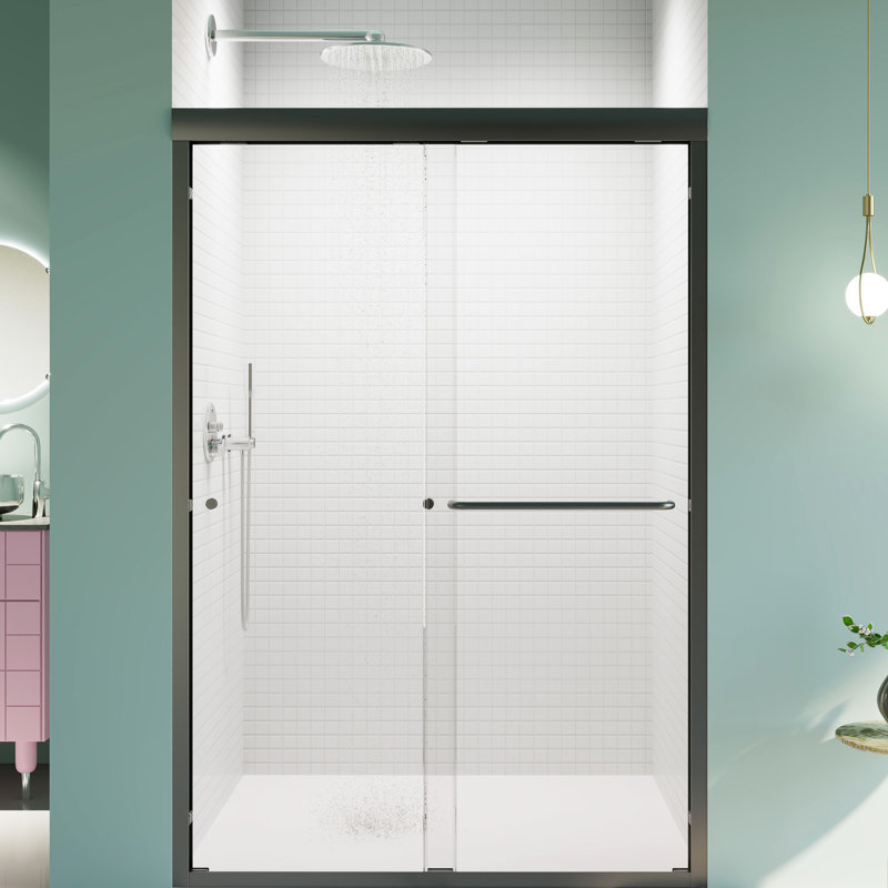 Porte coulissante double de 44 à 48 po de hauteur, H 72 po, verre trempé, noir mat, douche de dérivation pour salle de bain l 48 po x H 72 po, accessoire d'entrée fonctionnel 1/4 po