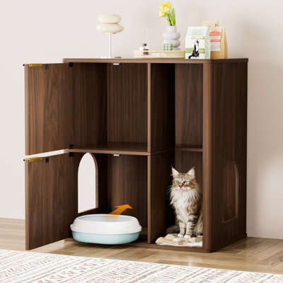 Litière pour chat 31,5 po en noyer avec arbre, portes doubles et tablettes de rangement pour le salon ou la chambre à coucher. Comprend un compartiment encastré pour cacher la boîte, des ouvertures arquées faciles d'accès et une corde de chanvre