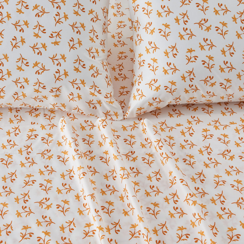Queen Beige Microfiber Sheet Set with Watercolor Floral Print
