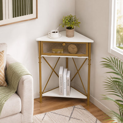 Kempst Corner Accent Cabinet, Farmhouse Corner Side Cabinet with Flip Door Storage, Industrial Triangle Corner Cabinet with Shelf, Rustic Small Space Corner Storage Table for Living Room Bedroom Entryway